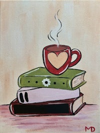 a painting of a cup of coffee on a stack of books